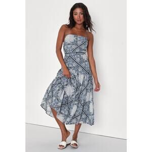 Dreamy Inspiration Blue Boho Print Backless Tiered Midi Dress Sz L